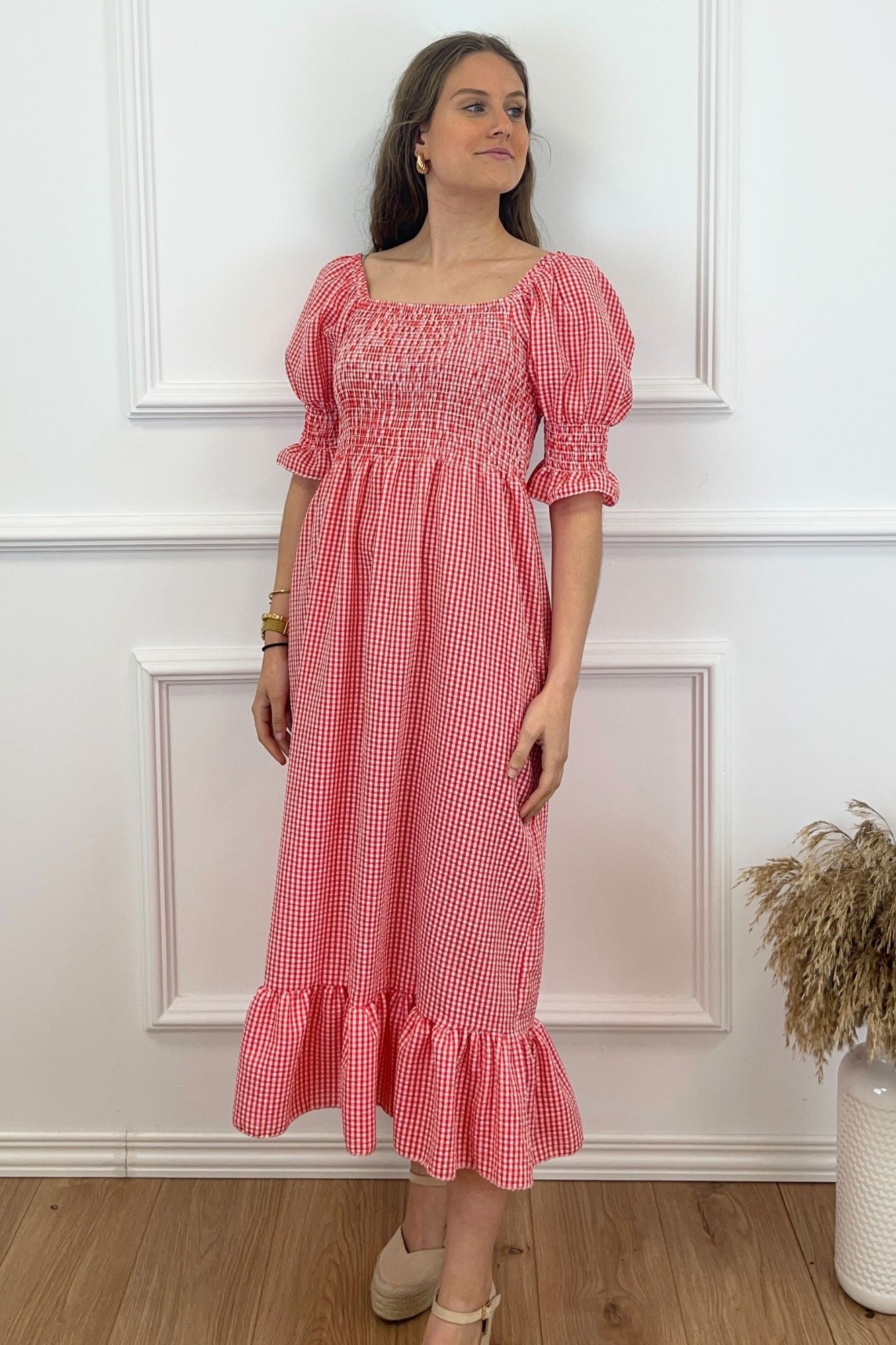 VESTIDO FRUNCE VICHY ROJO