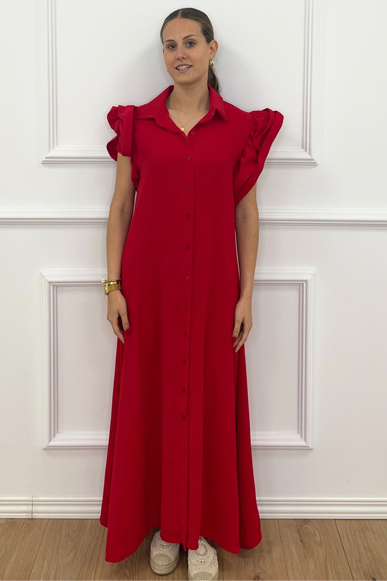 MAXI VESTIDO CAMISERO VOLANTE ROJO