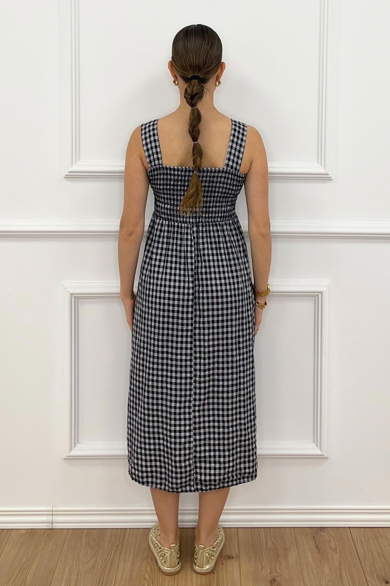 VESTIDO LARGO ESTAMPADO VICHY NEGRO