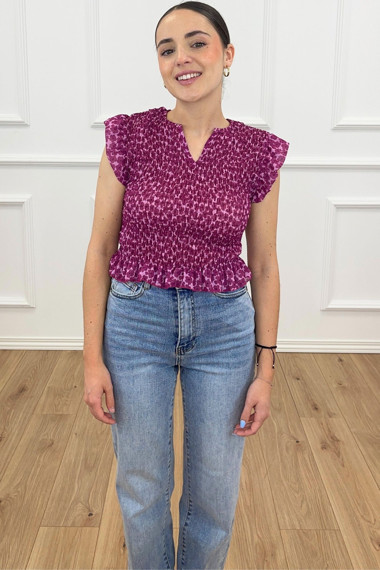 BLUSA FRUNCE ESTAMPADA BUGANVILLA