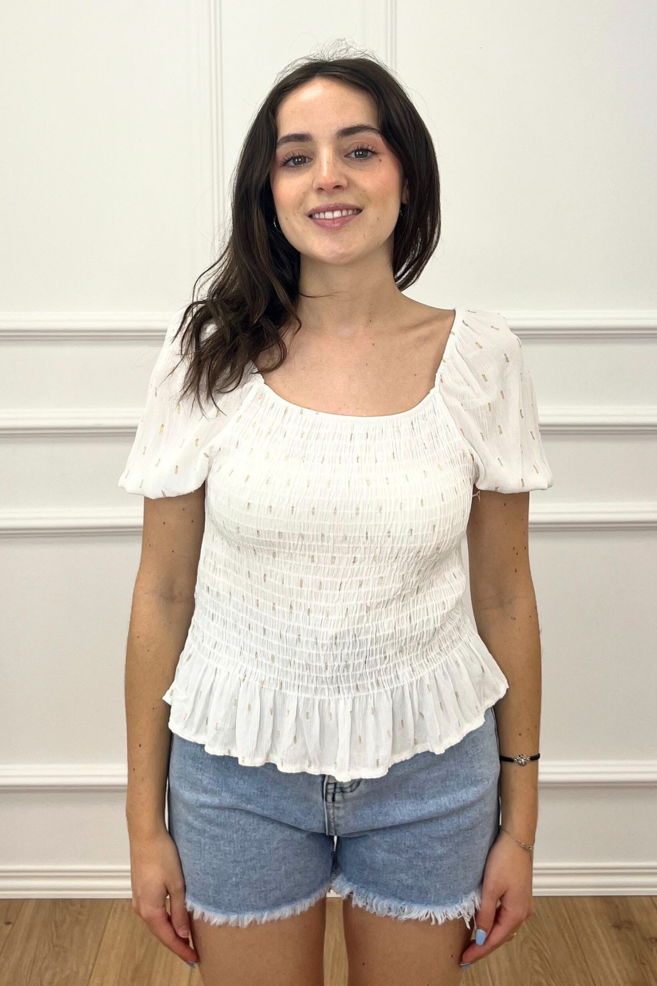 BLUSA FRUNCES VOLANTE BLANCA