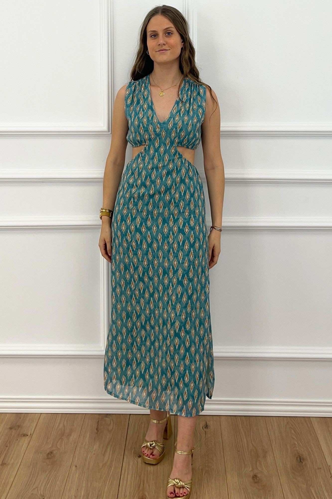 VESTIDO GASA CUT OUT ESTAMPADO TURQUESA