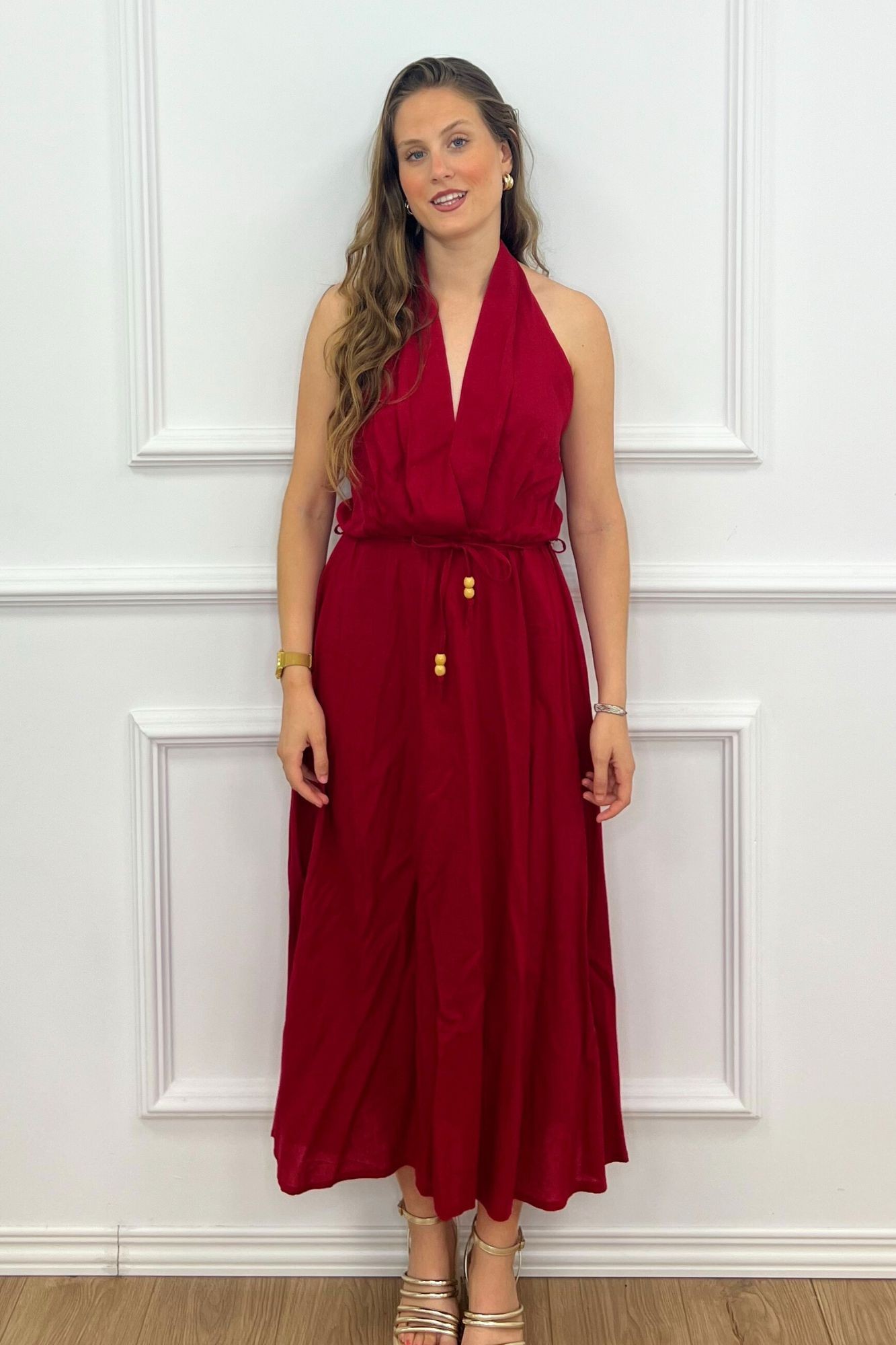 VESTIDO HALTER LINO ROJO